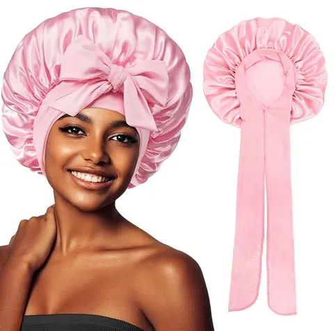 Bonnet de Nuit en Satin pour Femmes Couleur Unie Nœud Papillon Bonnet de Nuit Soin des Cheveux Couvre-Chef Élastique pour Femmes Bonnet Doux