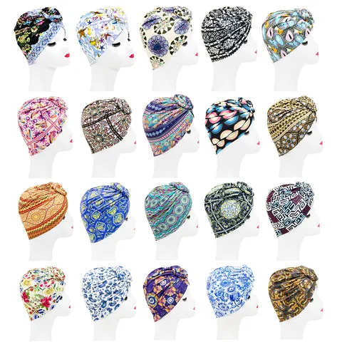 Women's Ethnic Style Turban Hat Vintage Floral Printed Swirl Flower Beanie Warm Windproof Elastic Head Wrap Cap