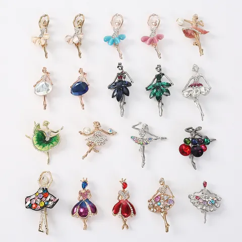 Elegant Alloy Rhinestone Ballet Girl Brooch Pins With Artificial Pearl Cute Dancing Ballerina Brooches Fashion Women Clothes Lapel Pins Jewelry