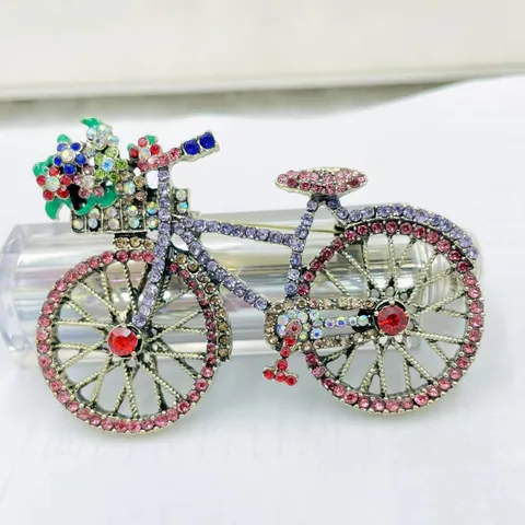 Creative Alloy Bicycle Brooch With Flower Basket Rhinestone Enamel Painted Clothes Bag Lapel Pin Fashion Decoration Gift For Women Jewelry