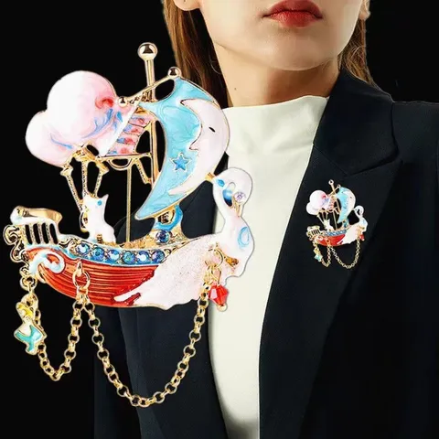 Fashion Alloy Rhinestone Sailing Boat Brooch Enamel Swan Balloon Moon Tassel Chain Brooch Pin For Women Men Clothing Accessories Jewelry Gift