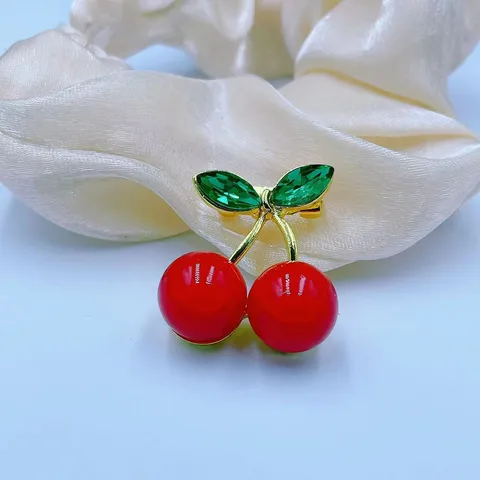 Cute Alloy Rhinestone Cherry Brooch Pin Anti Exposure Collar Lapel Pin Fruit Decorative Clothing Pin Jewelry For Women