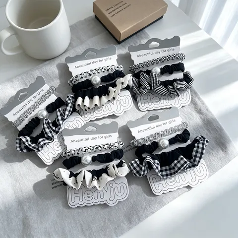 Koreanischer Stil Schwarz Kariert Plissee Haargummi Set Damen Elegant Künstliche Perle Haarseil Scrunchie Set Mode Haarschmuck