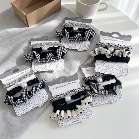 Koreanischer Stil Schwarz Kariert Plissee Haargummi Set Damen Elegant Künstliche Perle Haarseil Scrunchie Set Mode Haarschmuck
