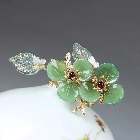 Vintage Chinesischer Stil Kupfer Farbige Glasur Blume Blatt Brosche Für Damen Luxus Antik Grün Strass Granat Eingelegt Pullover Anstecknadel Schmuck Geschenk