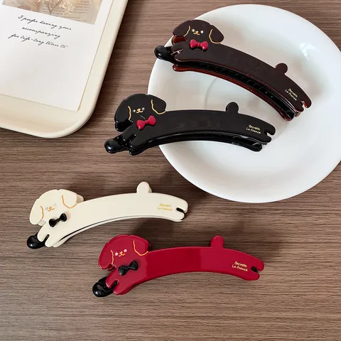 Cute Dog Shaped Acetate Banana Clip Korean Style High Ponytail Vertical Hair Clip Handmade Bow Animal Pattern Hair Accessories For Women
