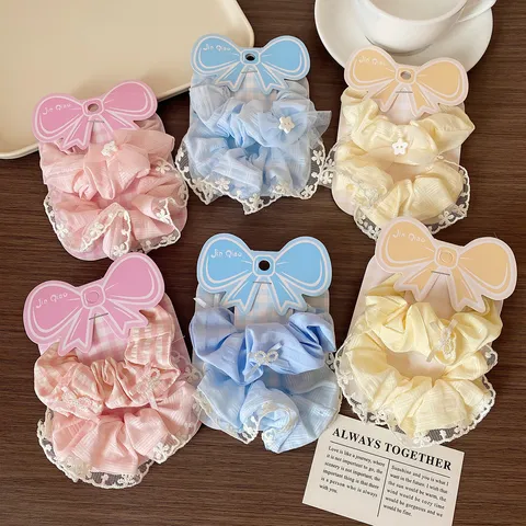 Sweet Bow Lace Scrunchie Set Macaron Color Hair Ties For Women Hand Made Fabric Large Hair Rings Girly Hair Accessories