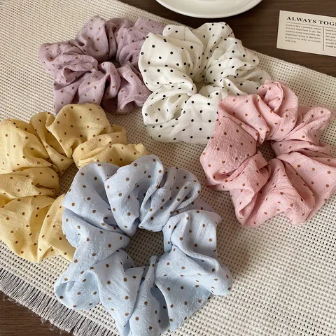 Handmade Sweet Cream Polka Dot Scrunchie Fluffy Cloud Hair Tie Soft Fabric Ponytail Holder Simple Hair Accessory For Women