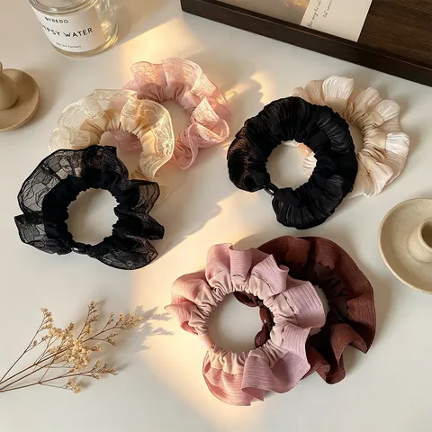 Korean Style Lace Mesh Scrunchies For Women Elegant Embroidery Hair Ties Floral Pattern Hair Accessories Sweet Large Hair Bands Handmade Headwear