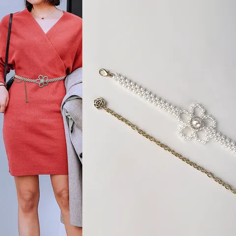 Französische Elegante Künstliche Perlenblumen Taillenkette Für Damen Gold Metall Dünne Gliederkette Strass Kamelie Dekorative Körperkette