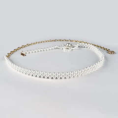 Französische Elegante Künstliche Perlenblumen Taillenkette Für Damen Gold Metall Dünne Gliederkette Strass Kamelie Dekorative Körperkette