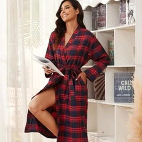 Damen Langarm V-Ausschnitt Aufgeraut Kariert Bademantel Casual Baumwollmischung Nachtwäsche Mit Gürtel Und Taschen