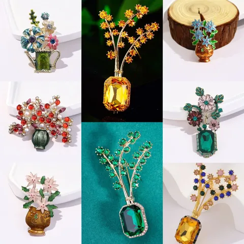 Vintage Alloy Flower Basket Brooch Elegant Rhinestone Corsage Pin For Coat Suit Denim Clothes Accessory Women Men Jewelry Gift