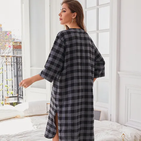 Women Casual Long Sleeve Plaid Nightgown Loose Sleep Dress Soft Cotton Blend Loungewear Comfortable Sleepwear