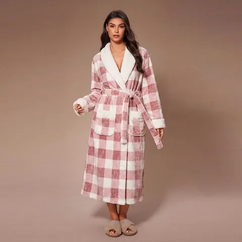 Women's Thickened Flannel Bathrobe Long Sleepwear With Lambswool Lapel Classic Plaid Warm Fleece Robe Winter Loungewear