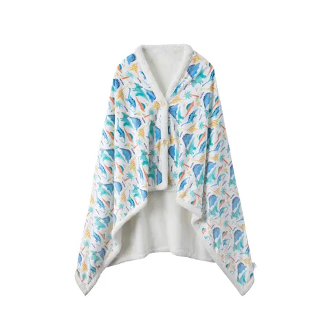 Dinosaur Print Wearable Blanket Robe Fleece Hooded Warm Casual Loungewear