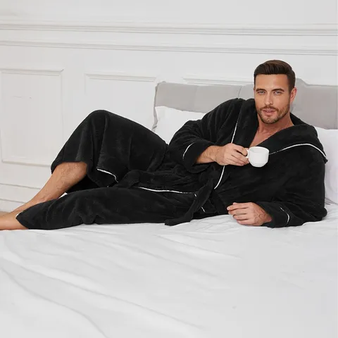 Men's Thickened Cotton Fleece Bathrobe Winter Warm Hooded Long Pajamas Lounge Robe With Belt And Pocket