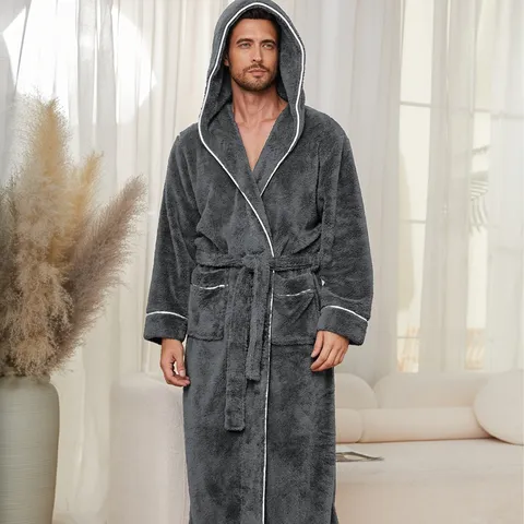 Men's Thickened Cotton Fleece Bathrobe Winter Warm Hooded Long Pajamas Lounge Robe With Belt And Pocket