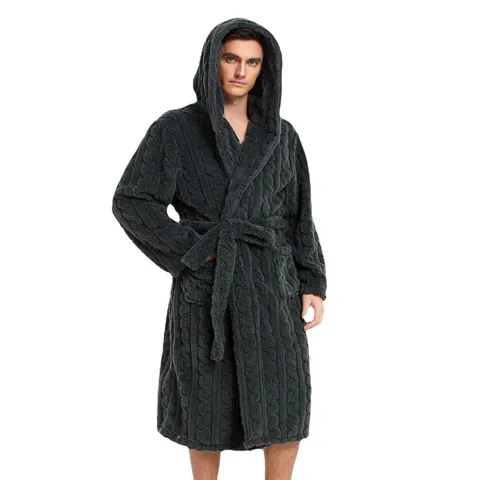 Men's Thickened Coral Fleece Bathrobe Winter Warm Long Hooded Sleepwear Casual Jacquard Couple Loungewear Robe