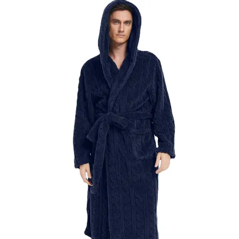 Men's Thickened Coral Fleece Bathrobe Winter Warm Long Hooded Sleepwear Casual Jacquard Couple Loungewear Robe