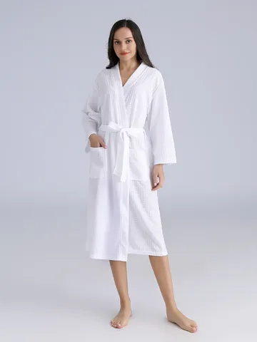 Unisex Casual Waffle Bathrobe Long Sleeve V-Neck Sleepwear With Belt And Pockets For Men And Women Daily Home Wear