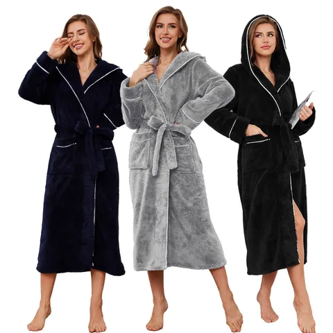 Women's Coral Fleece Bathrobe Thickened Winter Hooded Long Sleepwear Robe With Belt Casual Long Sleeve Home Bath Robe