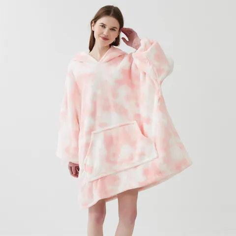 Women's Casual Oversized Tie-Dye Wearable Blanket Hoodie Winter Warm Fleece Loungewear Sleepwear Long Sleeve Pullover