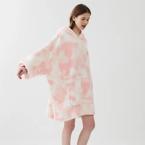 Women's Casual Oversized Tie-Dye Wearable Blanket Hoodie Winter Warm Fleece Loungewear Sleepwear Long Sleeve Pullover
