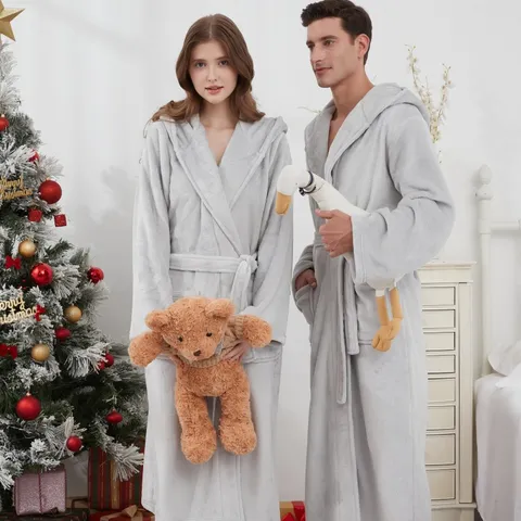 Unisex Couples Winter Thickened Flannel Long Robe Hooded Bathrobe Sleepwear