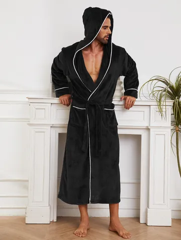 Thickened Flannel Couple Bathrobe Winter Warm Long Hooded Sleepwear Men Women Soft Fleece Robe With Belt Pockets