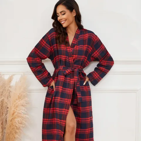 Damen Langarm V-Ausschnitt Aufgeraut Kariert Bademantel Casual Baumwollmischung Nachtwäsche Mit Gürtel Und Taschen