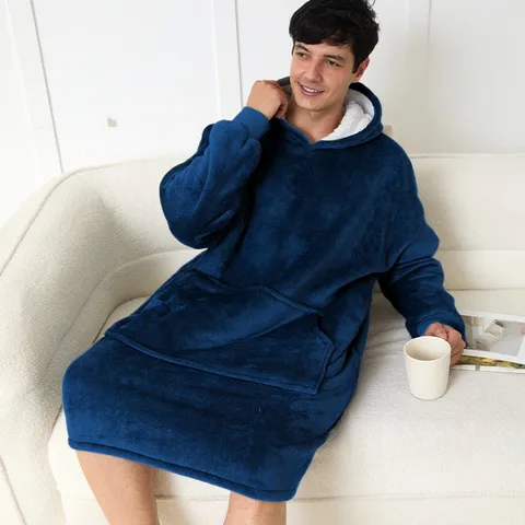 Thickened Flannel Hooded Wearable Blanket Long Sleeve Couple Robe Soft Warm Winter Sleepwear Loungewear