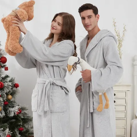 Unisex Couples Winter Thickened Flannel Long Robe Hooded Bathrobe Sleepwear