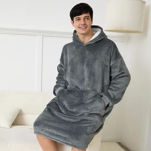 Thickened Flannel Hooded Wearable Blanket Long Sleeve Couple Robe Soft Warm Winter Sleepwear Loungewear