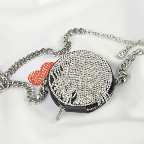 Damen Mode Strass Herz Runde Mini Tasche Taillenkette Gürtel Süß Glänzend Quaste Metall Dicke Kette Körper Schmuck Tasche