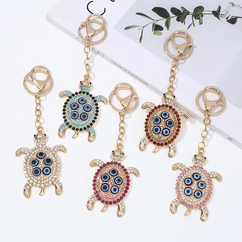 Creative Zinc Alloy Rhinestone Turtle Keychain Pendant Cute Evil Eye Animal Key Ring Car Bag Hanging Ornament For Women Men