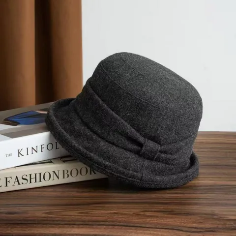 Vintage Women Pleated Flat Top Wide Brim Cloche Hat Solid Color Polyester Bucket Hat Elegant Bow Sun Hat For Daily Travel