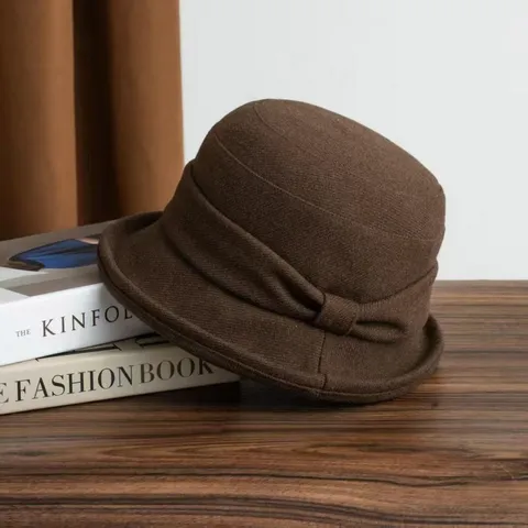 Vintage Women Pleated Flat Top Wide Brim Cloche Hat Solid Color Polyester Bucket Hat Elegant Bow Sun Hat For Daily Travel