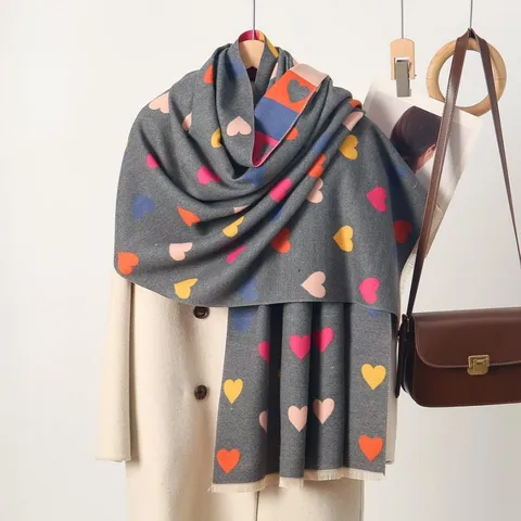 Women Faux Cashmere Scarf Jacquard Heart Pattern Thick Warm Winter Shawl With Tassels Soft Fashionable Scarf For Office Daily Wear