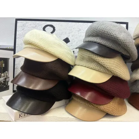 Damen Mode Strick Newsboy Mütze PU Lederkrempe Achteckige Beret Mütze Lässige Kontrastfarbe Winter Herbst Mütze Kopfbedeckung