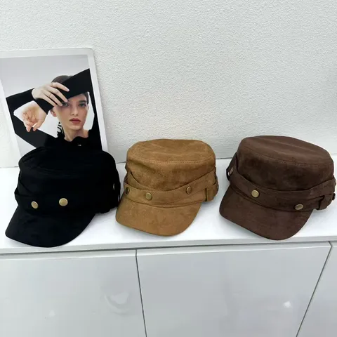 Women Suede Equestrian Cap Retro Flat Top Hat Rivet Military Style Visor Hat Fashion Streetwear Winter Hats