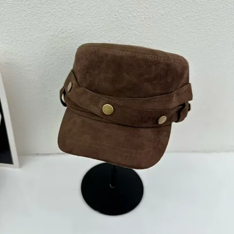 Women Suede Equestrian Cap Retro Flat Top Hat Rivet Military Style Visor Hat Fashion Streetwear Winter Hats