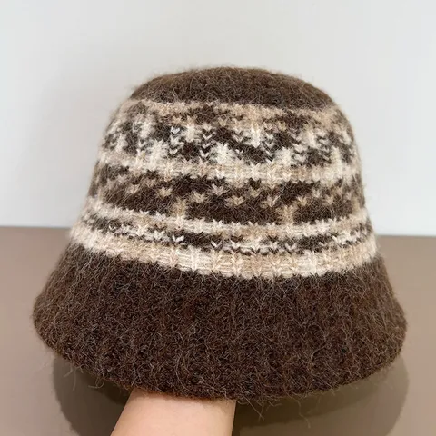 Winter Warm Pluesch Gestrickt Fisherman Hut Damen Ethnisch Geometrisches Muster Bucket Hat