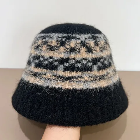 Winter Warm Pluesch Gestrickt Fisherman Hut Damen Ethnisch Geometrisches Muster Bucket Hat