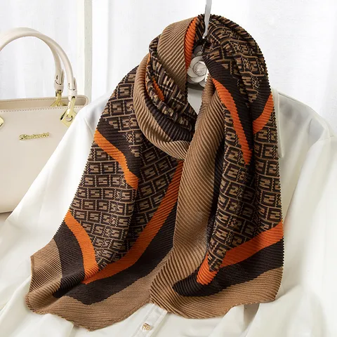 Women's Fashion Pleated Scarf Geometric Printed Winter Warm Shawl Polyester Neck Scarf