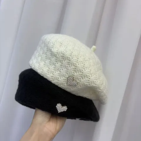 Damen Französisch Barette Hut Vintage Wolle Warm Maler Mütze Süß Perle Strass Elegant Herbst Winter Mode Kopfbedeckung