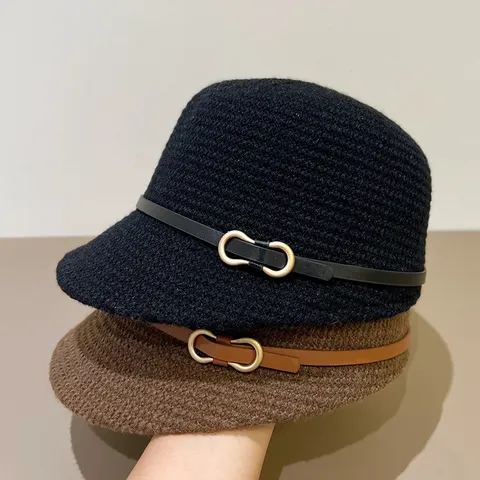 Damen Britisch Vintage Strick Bucket Hat Breite Krempe Warm Becken Hut Einfarbig Lässig Herbst Winter Hut