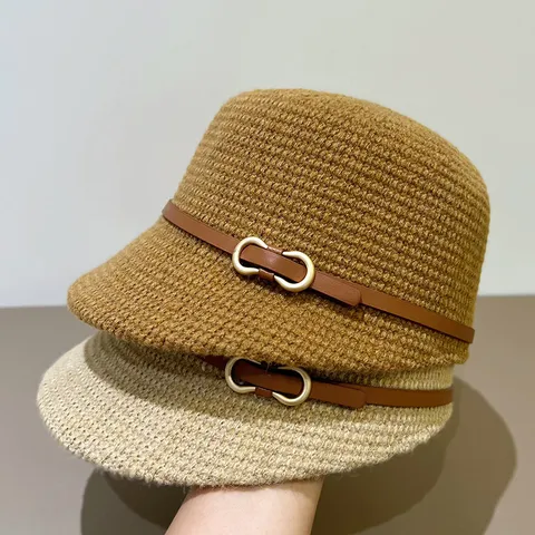 Damen Britisch Vintage Strick Bucket Hat Breite Krempe Warm Becken Hut Einfarbig Lässig Herbst Winter Hut