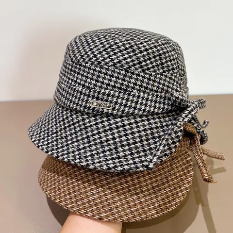 Damen Mode Karo Bucket Hat Wollstoff Schleife Minimalistisch Lässig Herbst Winter Sonnenschutz Basin Hat