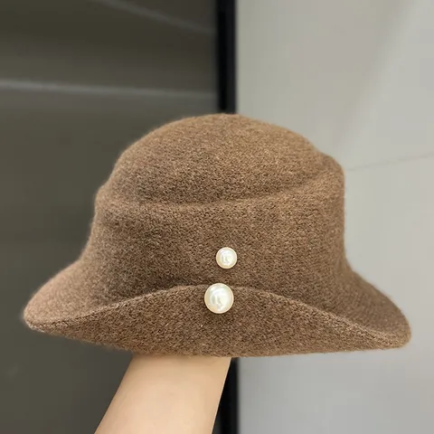 Damen Mode Kunstwolle Gekrempelter Fedora Hut Winter Warmer Beckenhut Mit Künstlicher Perle Dekoration
